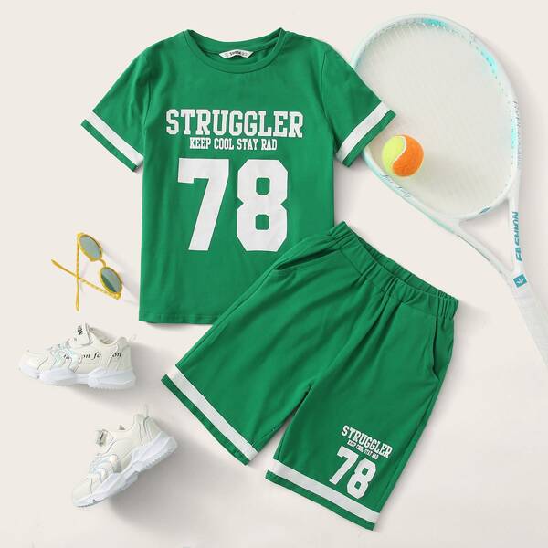 

Boys Slogan Graphic Tape Cuff Top & Shorts Set, Green