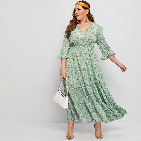 

Plus Surplice Neck Flounce Sleeve Ditsy Floral Dress, Green