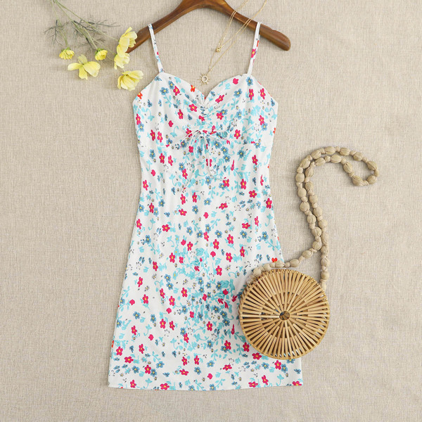 

Allover Floral Print Drawstring Front Cami Dress, White