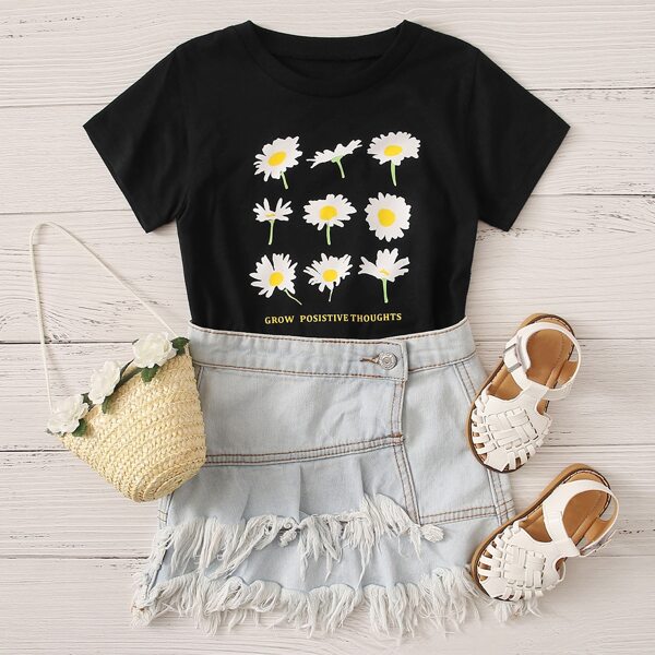 

Toddler Girls Daisy & Slogan Graphic Tee, Black