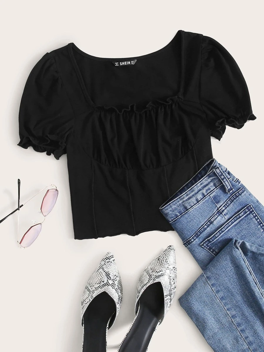SHEIN Qutie Ruched Bust Frill Trim Tee
