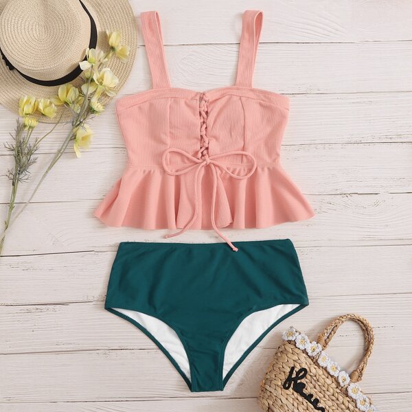 

Rib Lace-up Front Ruffle Hem Bikini Swimsuit, Multicolor