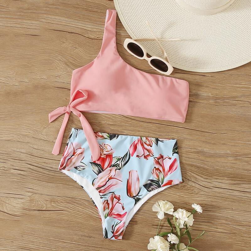 

Floral One Shoulder High Waisted Bikini Swimsuit, Multicolor