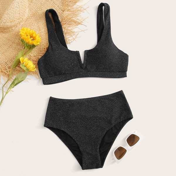 

V Wired High Waisted Bikini Swimsuit, Black