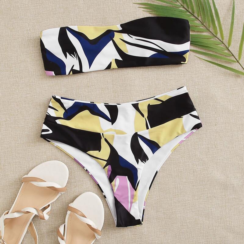 

Graphic Print Bandeau Bikini Swimsuit, Multicolor