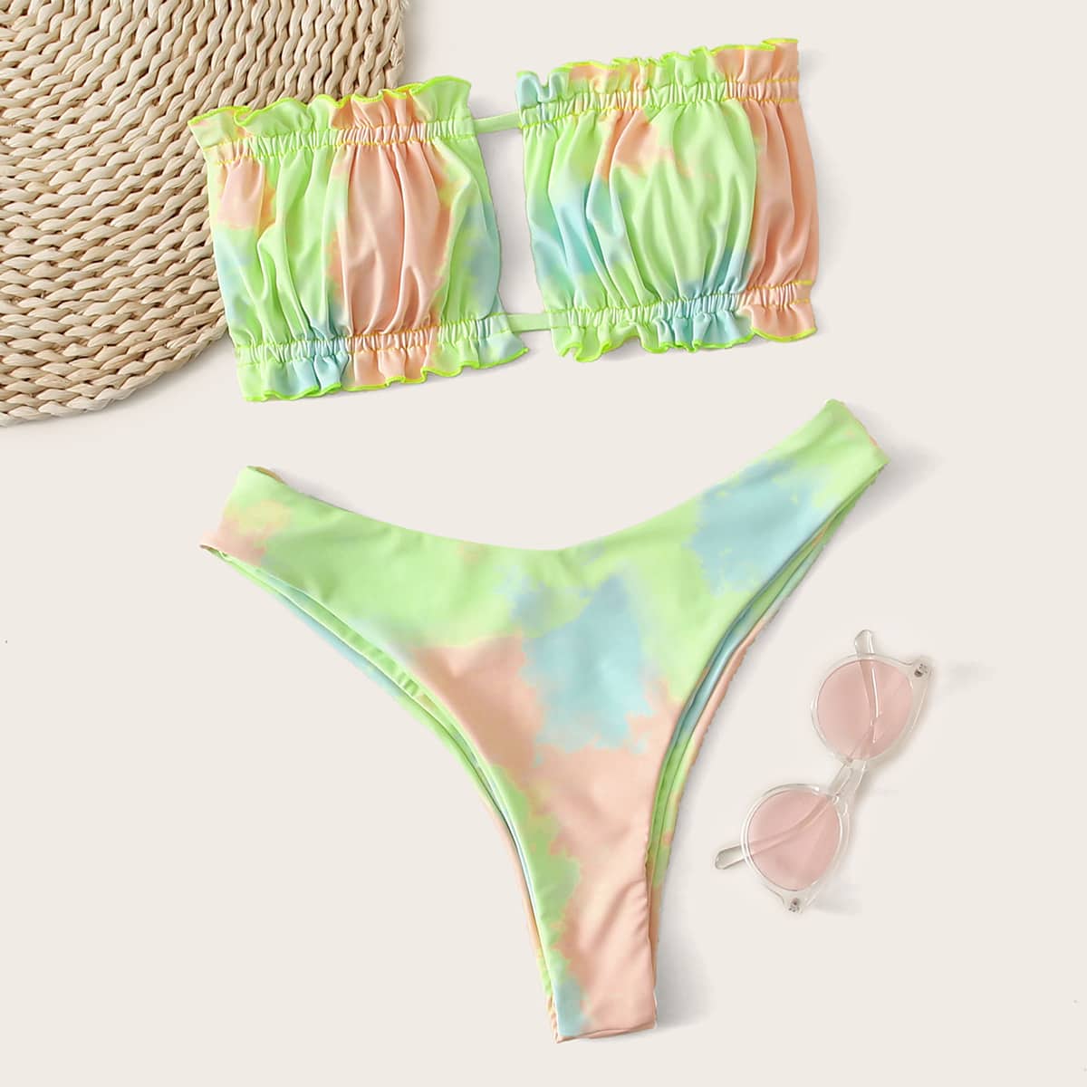 

Tie Dye Ruched Frill Bandeau Bikini Swimsuit, Multicolor