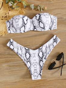 SHEIN Swim 夏日海滩蛇皮印花聚拢抹胸比基尼套装 - 彩色 - 查看 1
