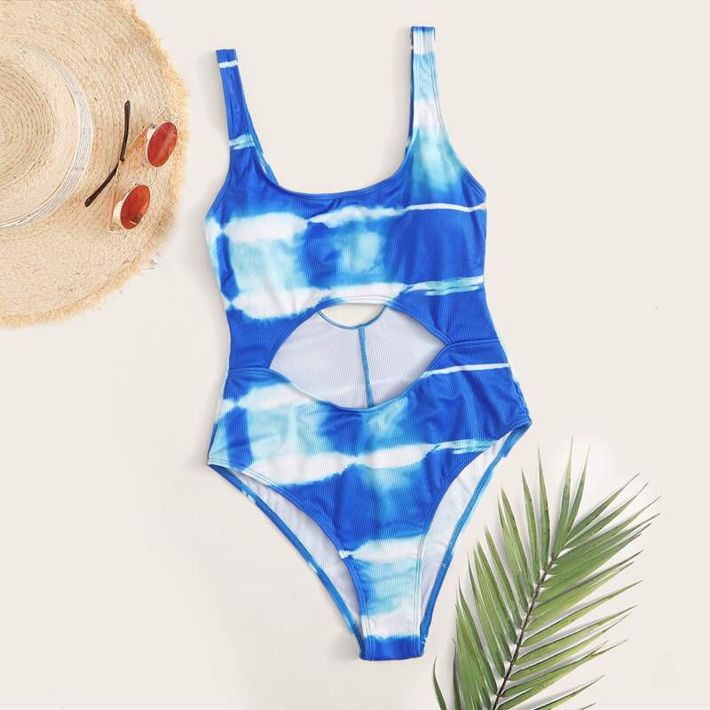 

Tie Dye Rib Cut-out Front One Piece Swimsuit, Blue