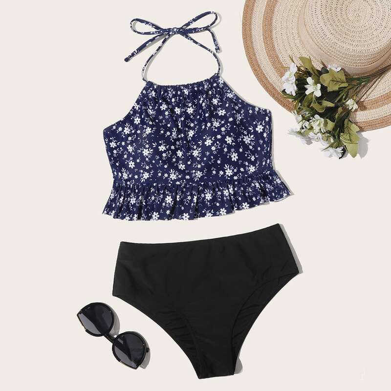

Ditsy Floral Ruffle Hem Halter Bikini Swimsuit, Multicolor