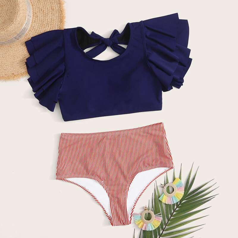 

Striped Tied Open Back Ruffle Trim High Waist Bikini Swimsuit, Multicolor