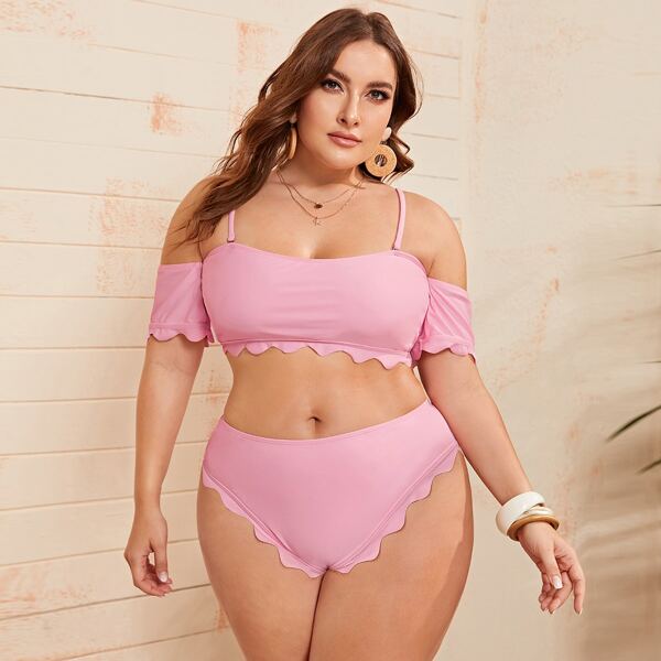 

Plus Scallop Trim High Waisted Bikini Swimsuit, Pink