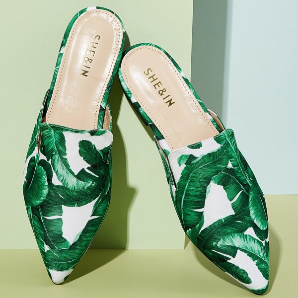 

Tropical Graphic Loafers Mules, Green