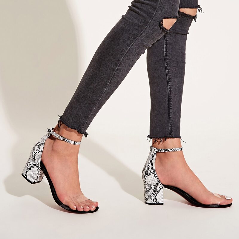 

Snakeskin Print Transparent Strap Chunky Heels, Multicolor