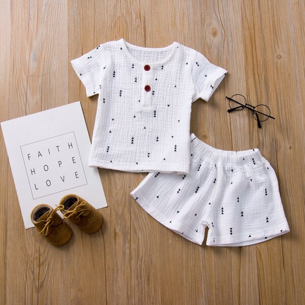 

Toddler Girls Geo Print Half Button Blouse With Shorts, White