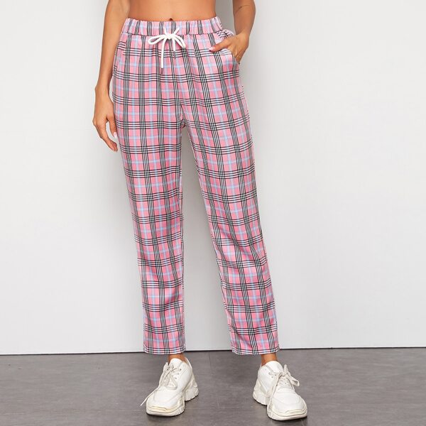 

Tie Waist Tartan Pants, Pink