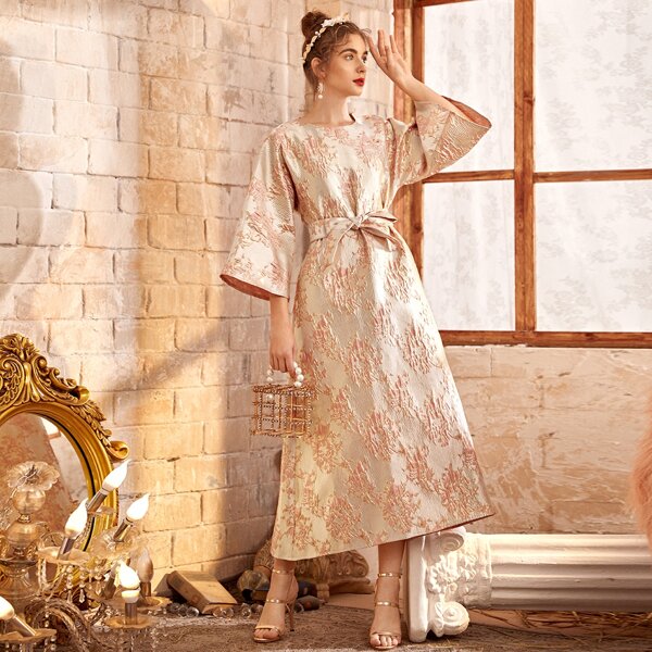 

Jacquard Self Tie A-line Dress, Beige