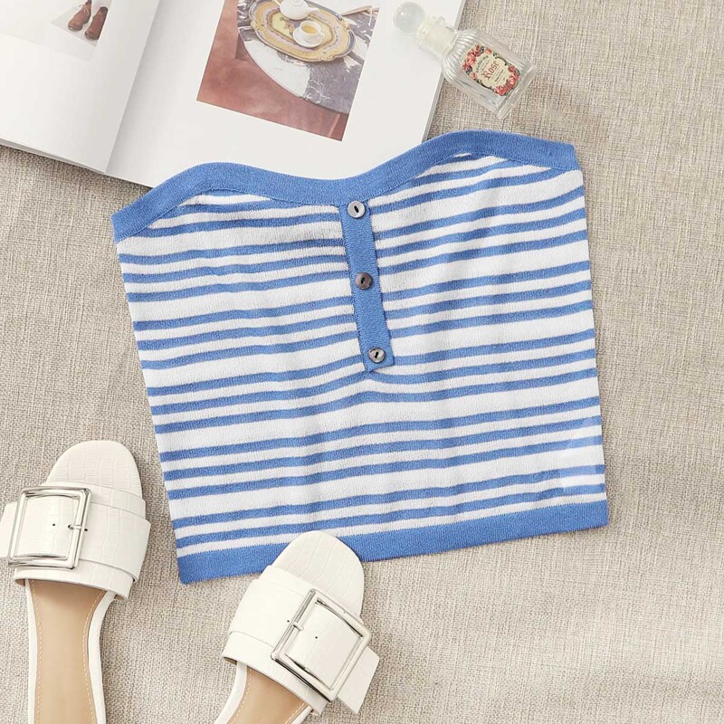 

Button Front Striped Knit Tube Top, Blue