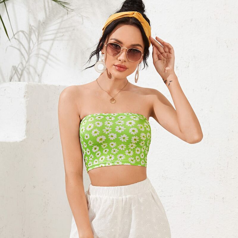 

Daisy Print Crop Bandeau Top, Green