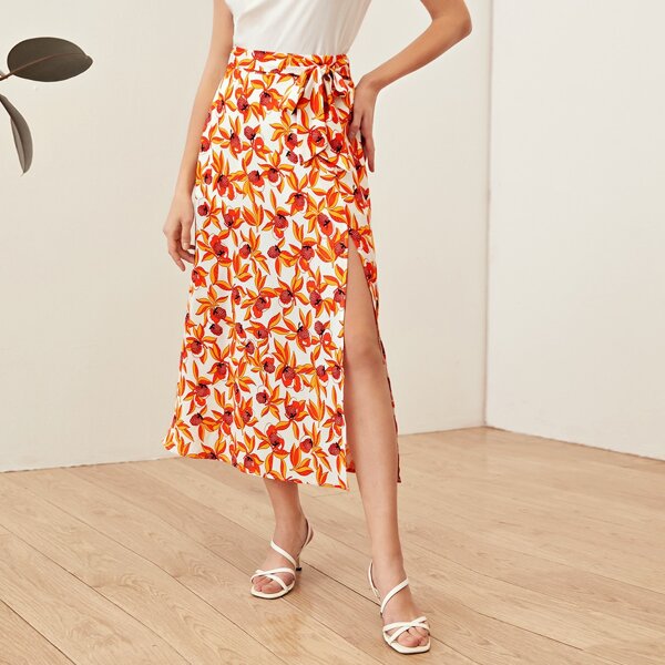 

Self Belted Split Thigh Fruit Print Skirt, Multicolor