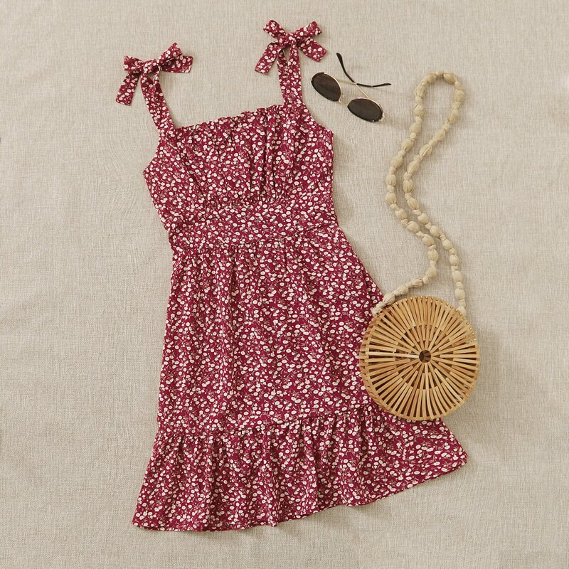 

Knot Straps Ruched Bust Ruffle Hem Ditsy Floral Dress, Burgundy