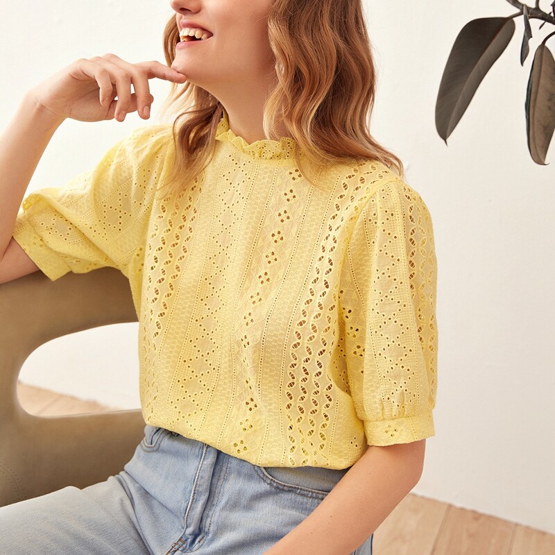 

Ruffle Neck Button Back Schiffy Top, Yellow pastel