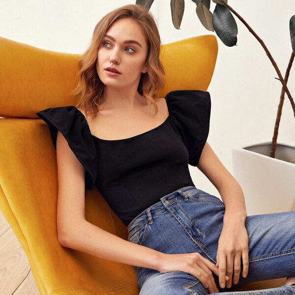 

Scoop Neck Ruffle Trim Top, Black