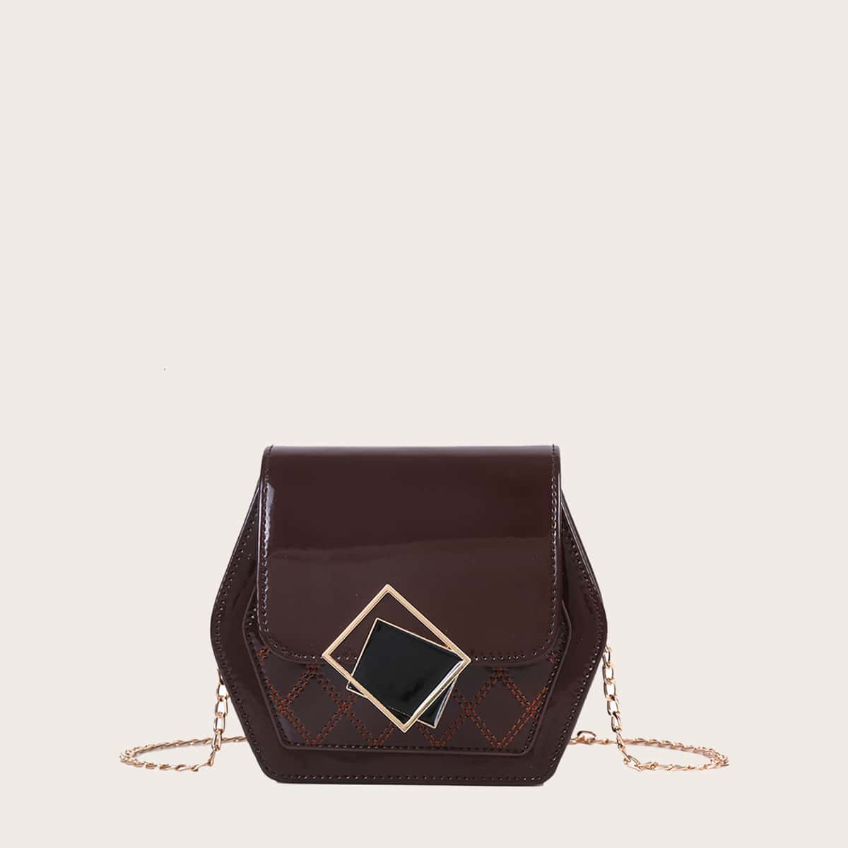 

Geometric Decor Flap Chain Bag, Brown