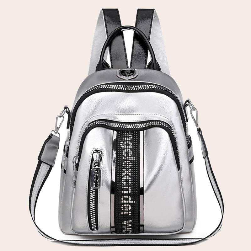 

Letter Graphic Zip Front Metallic Backpack, Silver