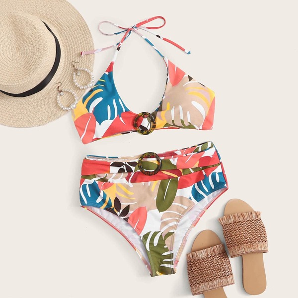 

Tropical Ring Buckle Halter Bikini Swimsuit, Multicolor