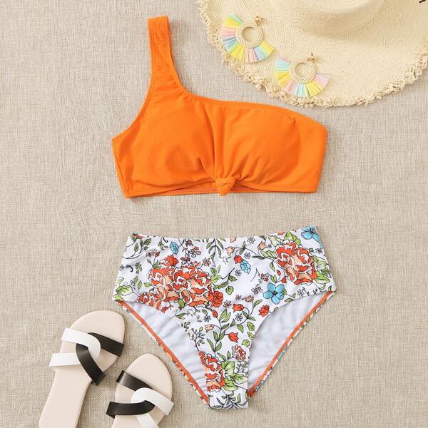 

Floral Knot One Shoulder Bikini Swimsuit, Orange