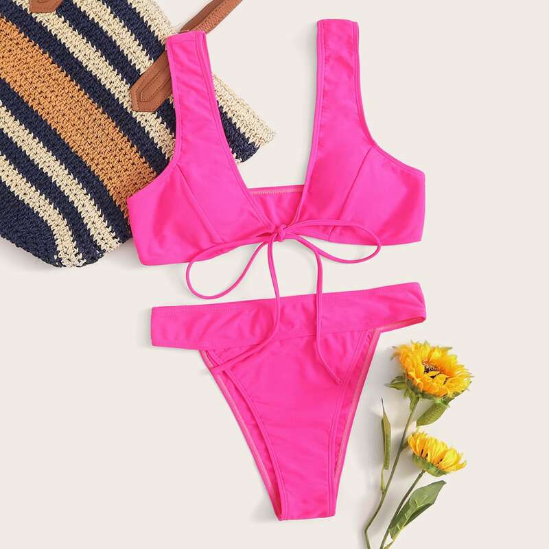 

Tie Front Tanga Bikini Swimsuit, Pink