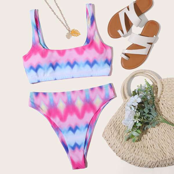 

Tie Dye High Leg Bikini Swimsuit, Pink