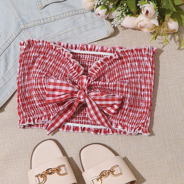 

Frill Trim Shirred Tie Front Gingham Bandeau Top, Red
