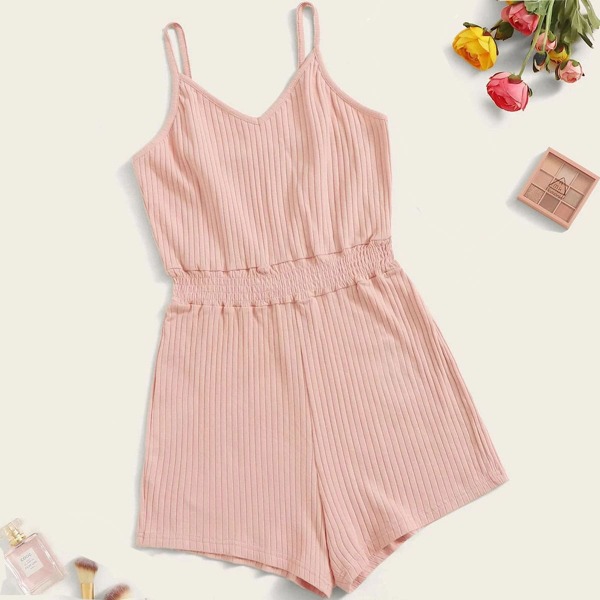 

Plus Shirred Waist Ribbed Cami Romper, Pink