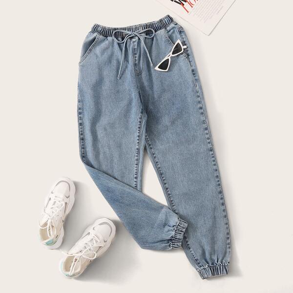 

Plus Drawstring Tie Waist Carrot Jeans, Blue