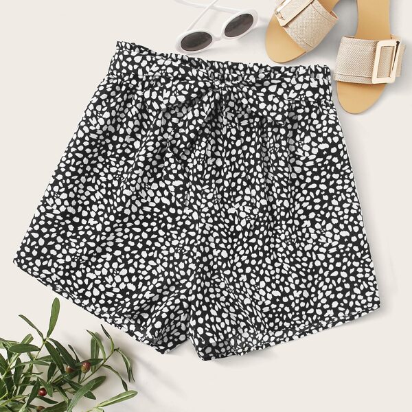 

Plus All Over Print Paper Bag Waist Shorts With Belt, Black and white