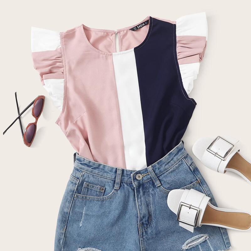 

Ruffle Trim Colorblock Top, Multicolor