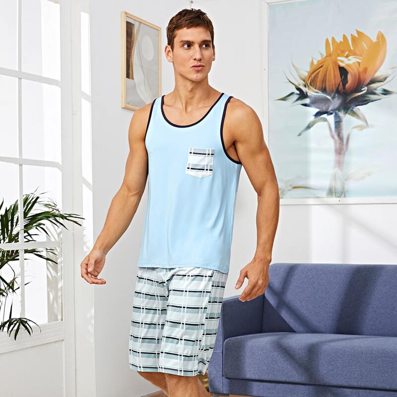 

Guys Contrast Binding Plaid PJ Set, Blue