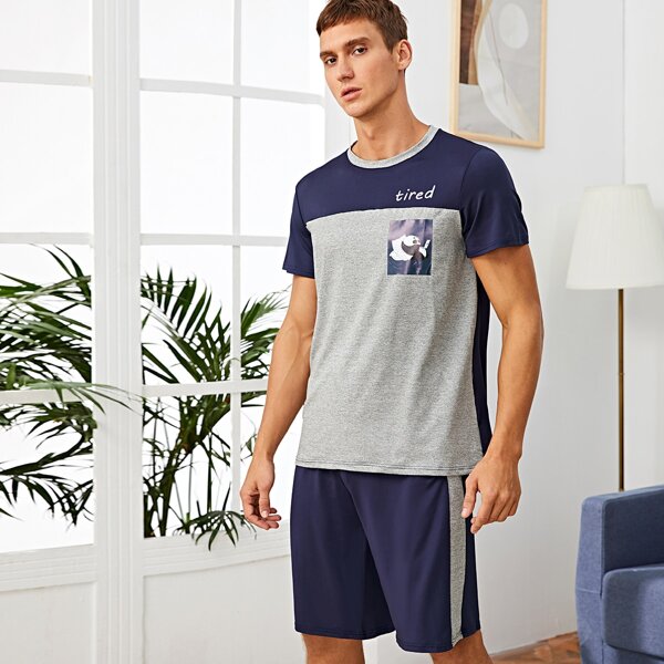 

Men Cartoon & Letter Graphic Colorblock PJ Set, Multicolor