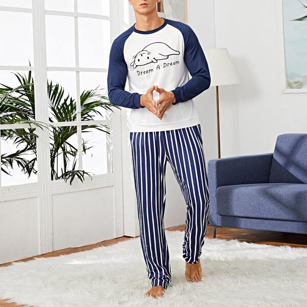 

Men Cartoon & Slogan Graphic Colorblock Striped PJ Set, Multicolor