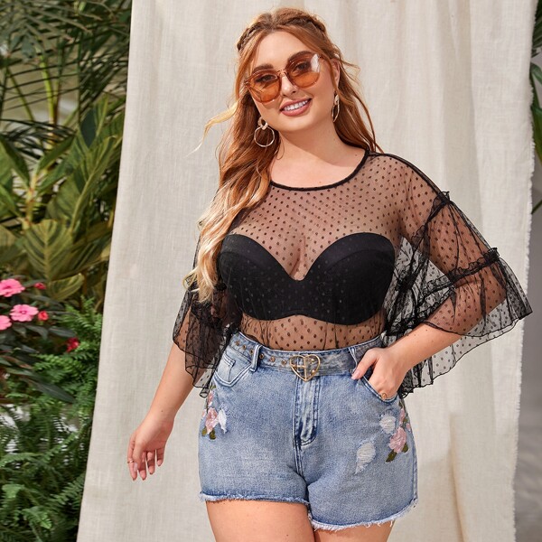 

Сетчатый топ размера плюс со складкой без бандо, Чёрный