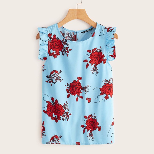 

Keyhole Back Ruffle Floral Print Blouse, Blue