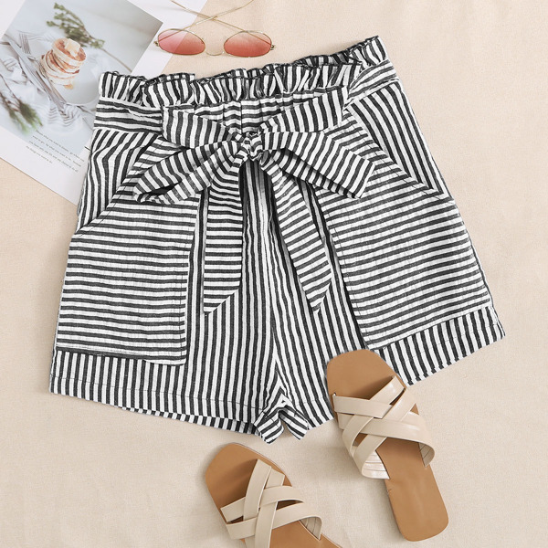 

Paperbag Waist Belted Striped Shorts, Black and white