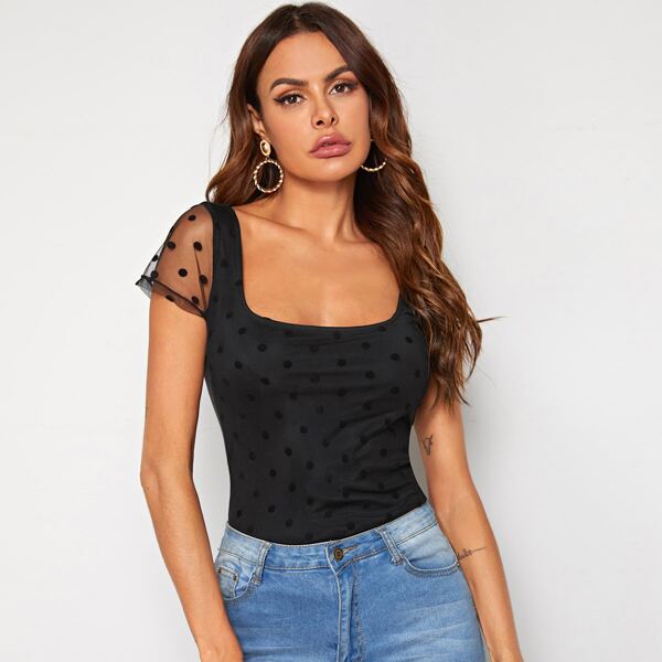 

Polka Dot Flocked Mesh Overlay Front Fitted Top, Black