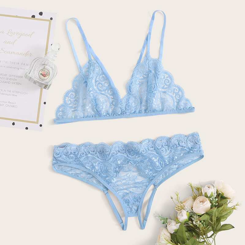 

Floral Lace Crotchless Lingerie Set, Blue