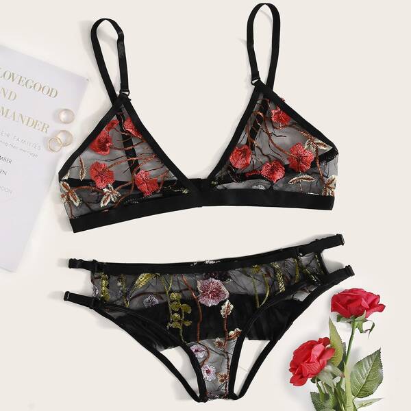 

Floral Embroidered Mesh Lingerie Set, Black
