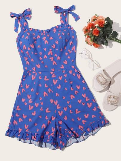 Heart Print Knotted Ruffle Cami Jumpsuit