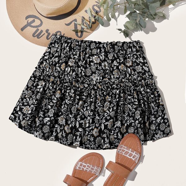 

Floral Print Frill Trim Skirt, Black