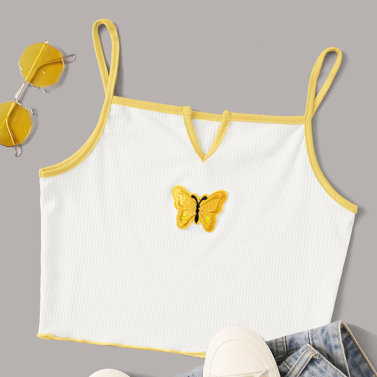 

Butterfly Embroidery Crop Cami, White