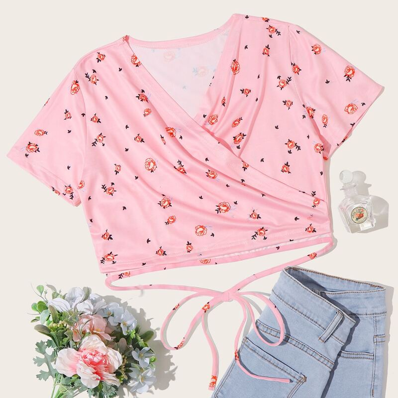 

Rose Graphic Wrap Tie Crop Tee, Pink